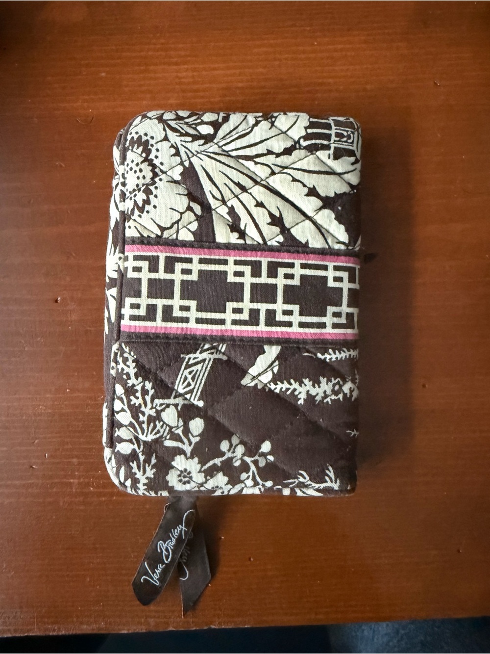 Vera Bradley Brown and Cream Quilted Floral Phone Wallet with Pink Trim